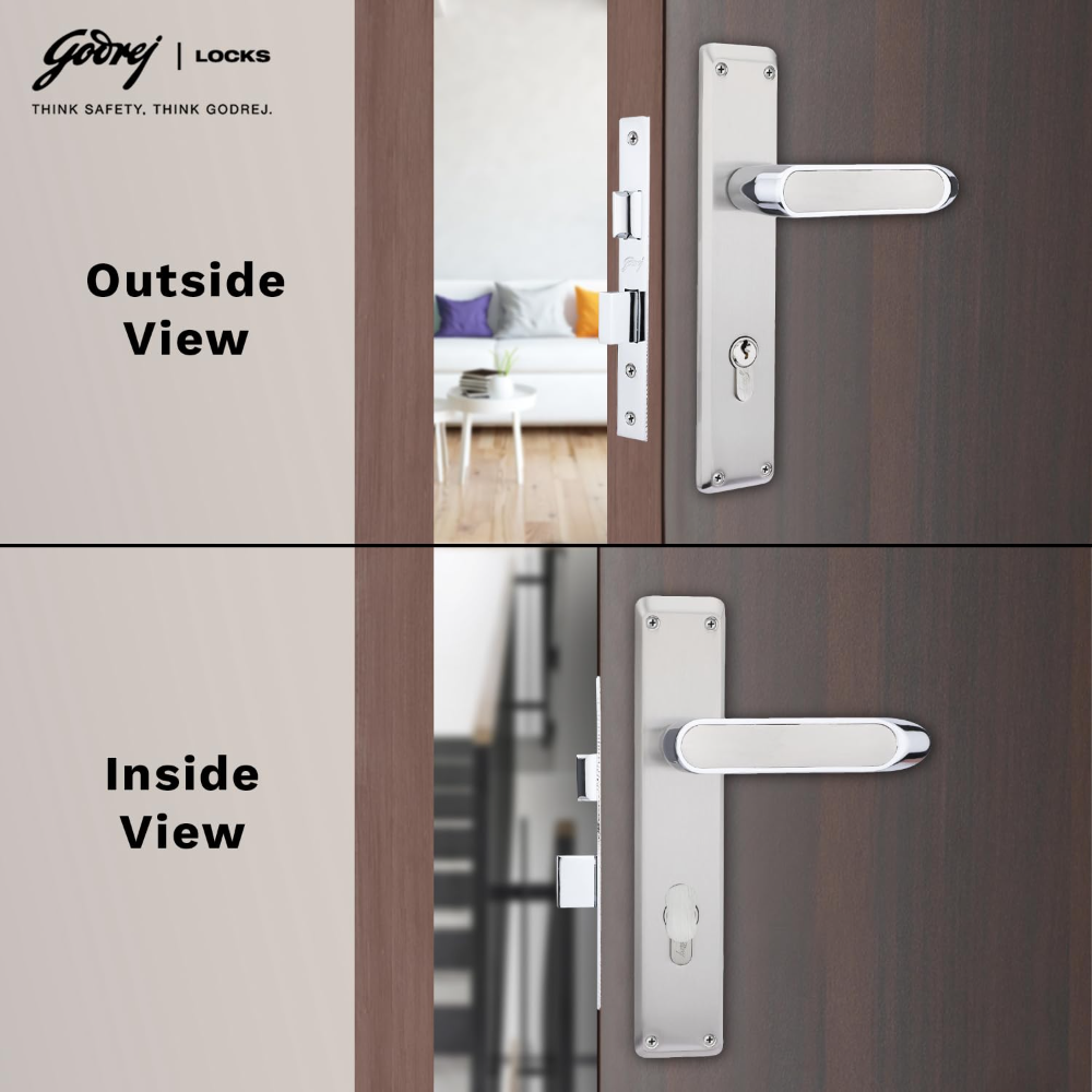 Godrej Mortise Lock|Handle Lock Set for Main & Internal Door of Home & Offices|NEH 21|Satin Steel Finish|10 inch Lockbody|60 mm Cylinder Key from Outside knob from Inside with 3 Keys|5 Years Warranty